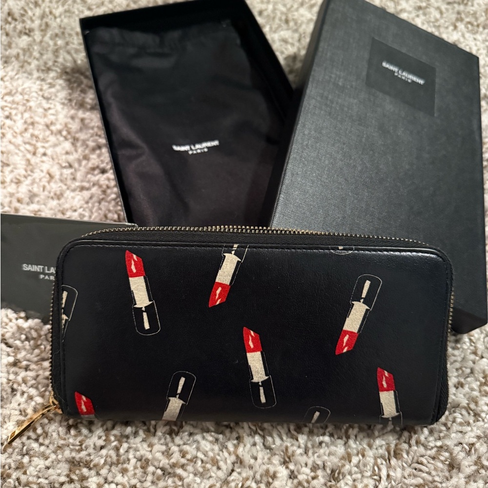 EUC Saint Laurent Black Wallet with Red Lipstick Print - Picture 4 of 4